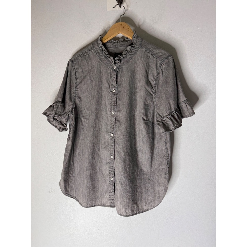 Talbots Womens XL Grey Chambray Ruffle Collar Short Sleeve Button Down Shirt